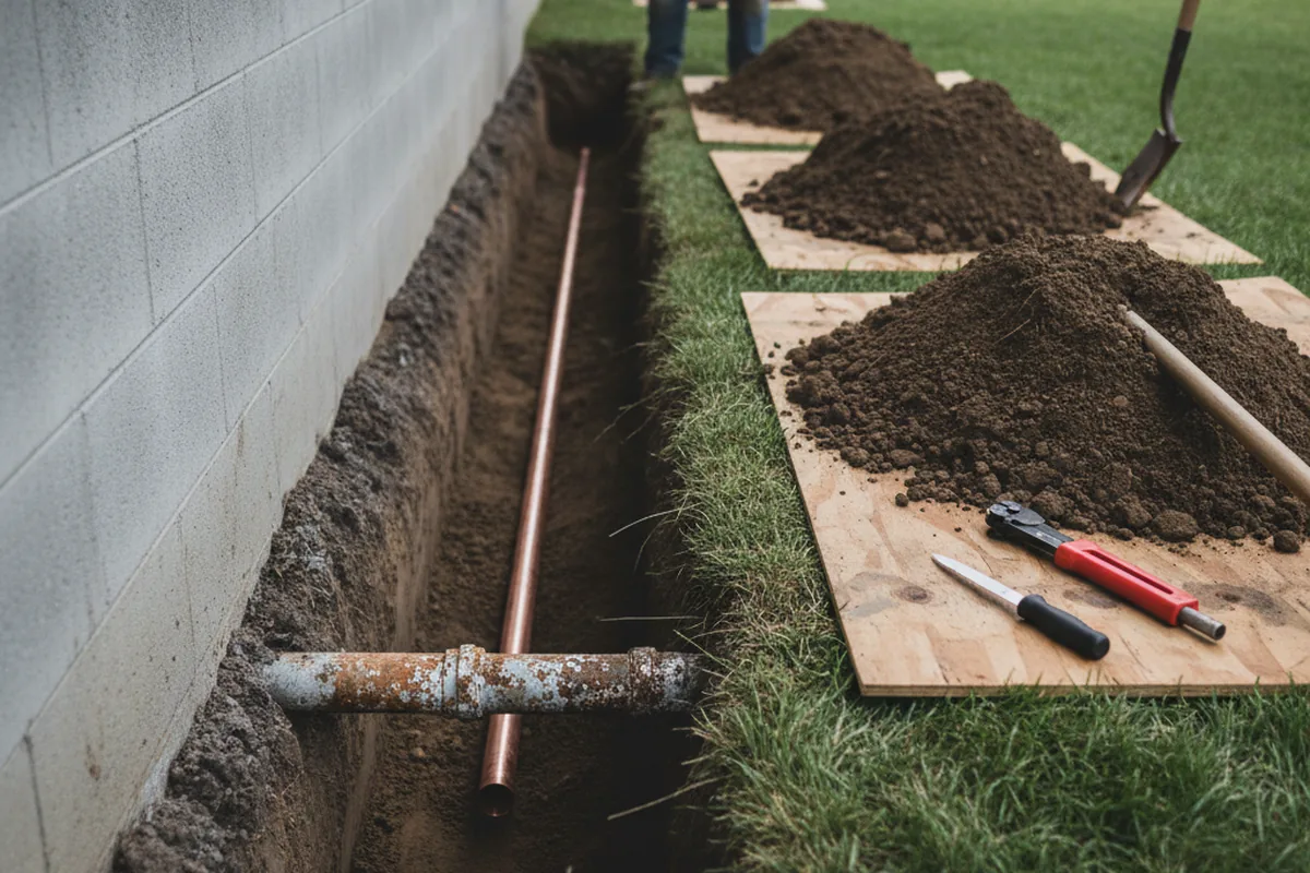 Excavated water line trench during Water Heater Repair in Franklin